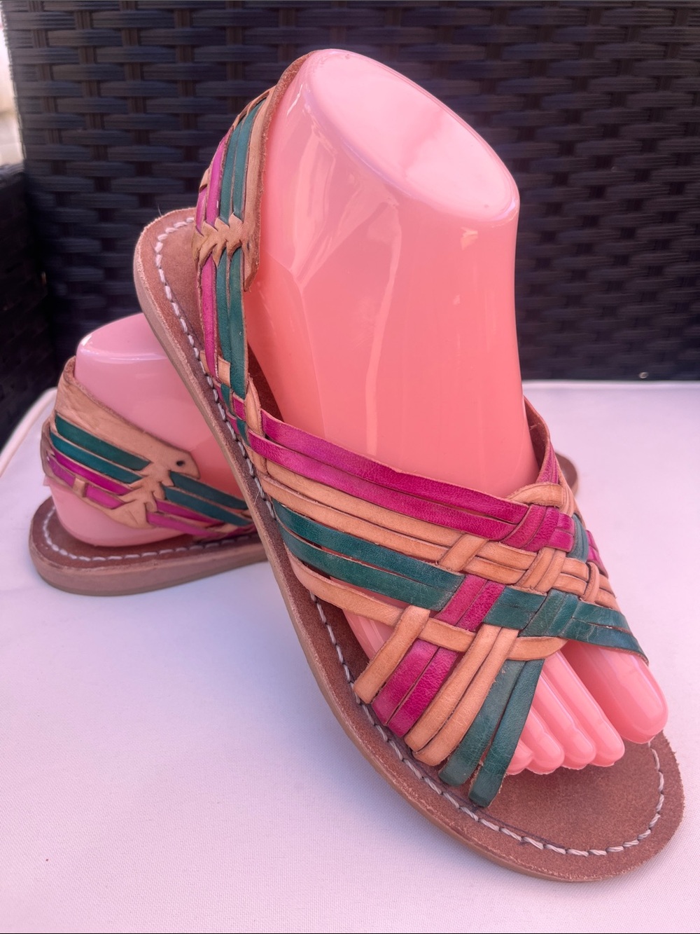 Woven Multi-Color Leather Huaraches Slide Sandals - Pink/Green/Tan